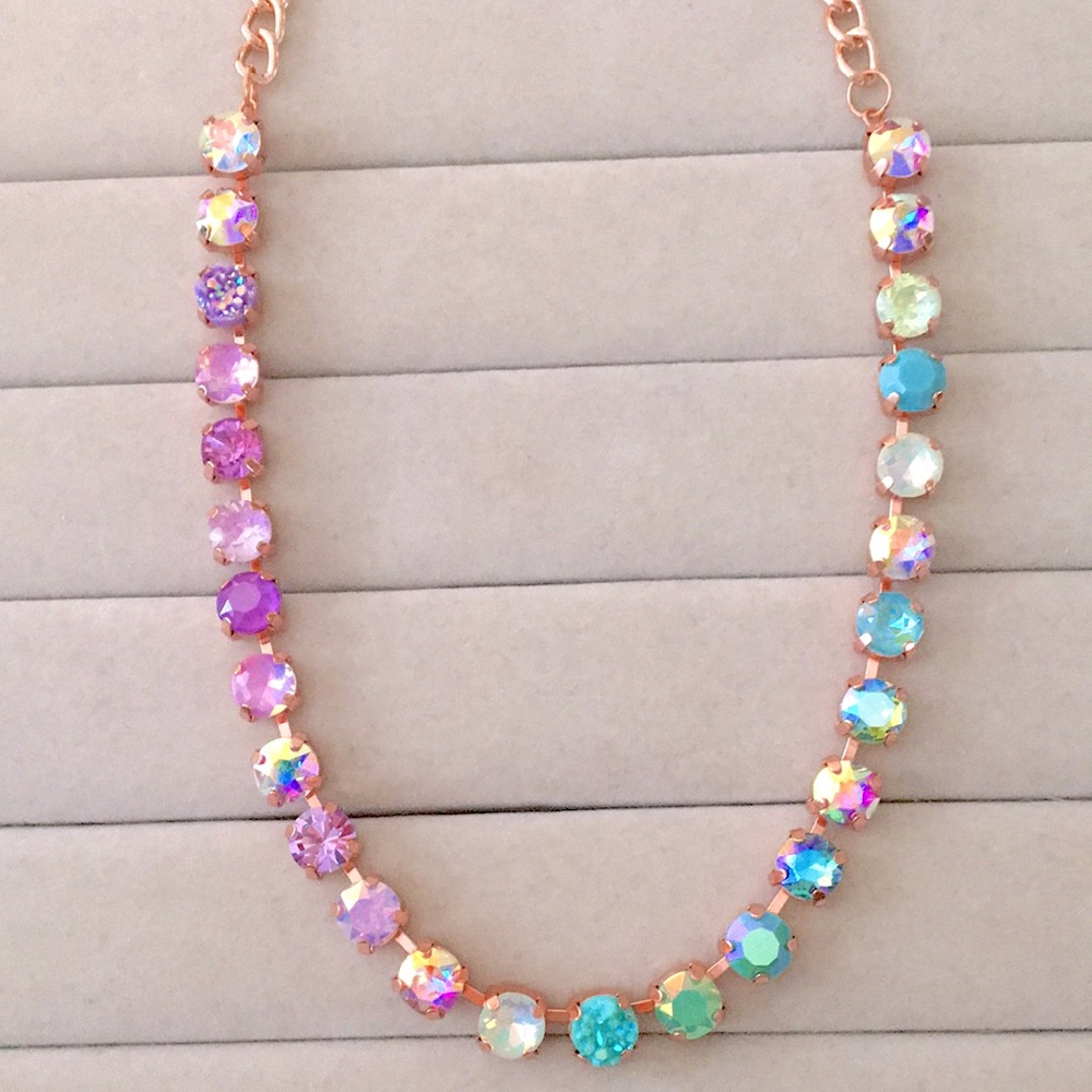 Iridescent Purple Opal + Turquoise Ombre Rose Gold Crystal Statement Necklace - Picture 4 of 14